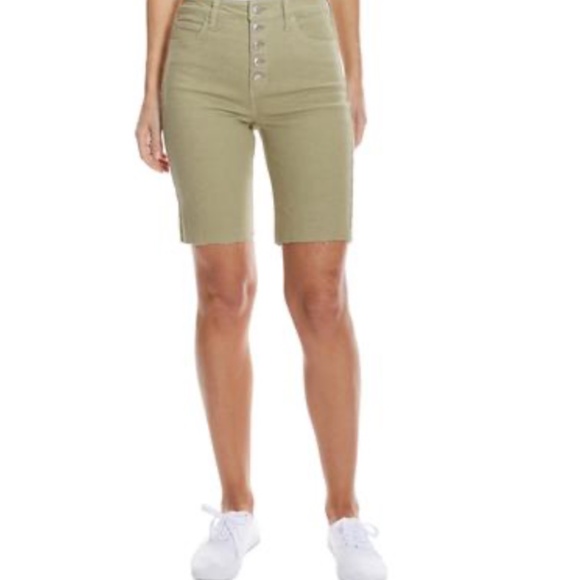 NWT OAT Women S High-Rise Button-Fly Bermuda Jean Shorts Dark Green Size 26 $64 - Picture 2 of 2